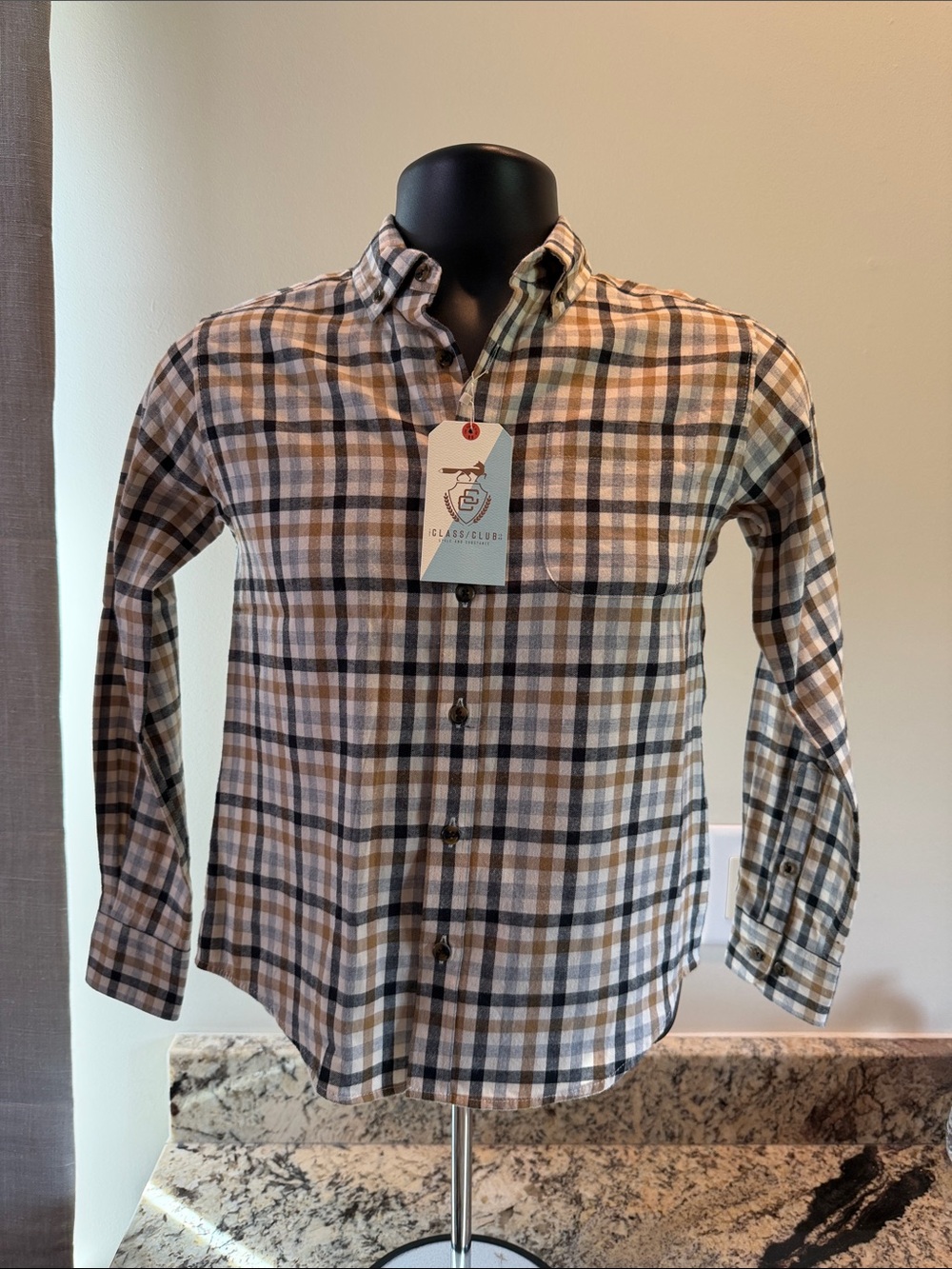 Class Club Men's Plaid Button-Down Shirt in Beige, Navy, and Brown